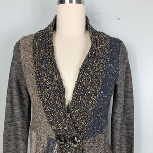 Orvis Patchwork Cardigan Sweater Size S Brown Duster Long Chunky Artsy Boho Y2K